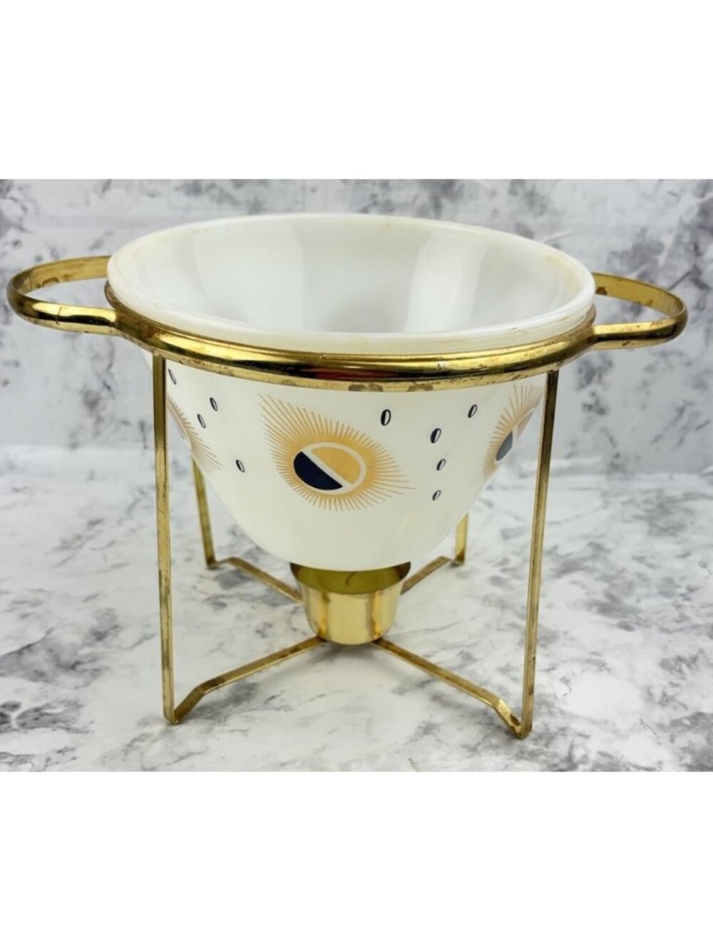 *Vintage Fire King Fred Press Atomic White Gold Eyes 7 1/2” Bowl Rare No Lid